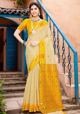 Cream Embroidered Blended Saree Set
