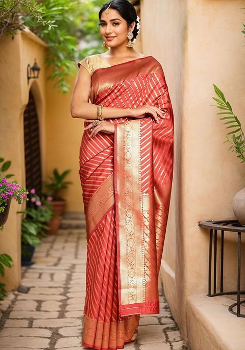 Red Jacquard Blended Saree Set — view on Indya