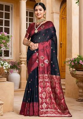 Navy Blue Embroidered Blended Saree Set