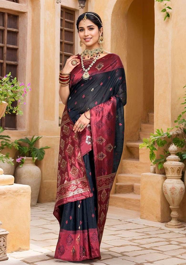 Navy Blue Embroidered Blended Saree Set for Diwali and Festive Wear - Indya