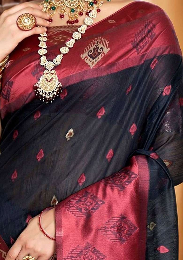 Navy Blue Embroidered Blended Saree Set for Diwali and Festive Wear - Indya