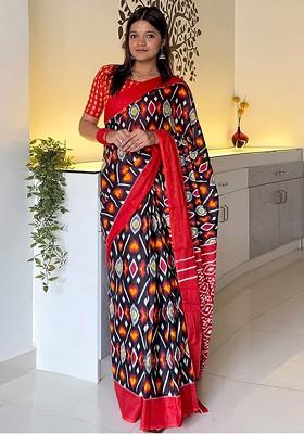Black Printed Blended Saree Set