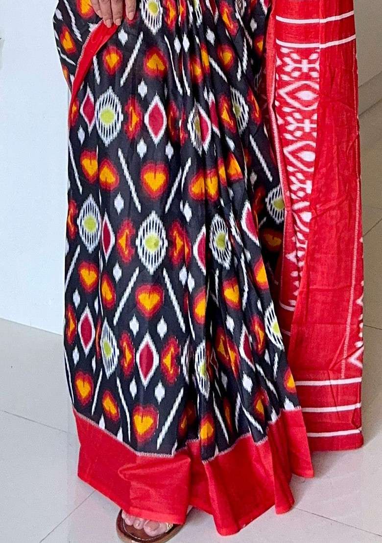 Black Printed Blended Saree Set for Diwali and Festive Wear - Indya
