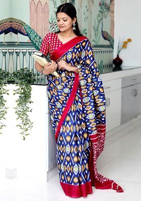 Navy Blue Printed Blended Saree Set