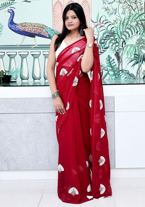 Red Printed Blended Saree Set — view on Indya