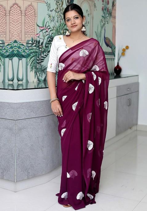 Burgundy Embellished Blended Saree Set — view on Indya