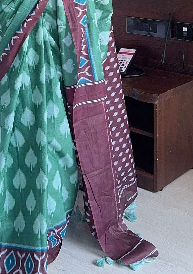 Sea Green Printed Blended Saree Set for Diwali and Festive Wear - Indya