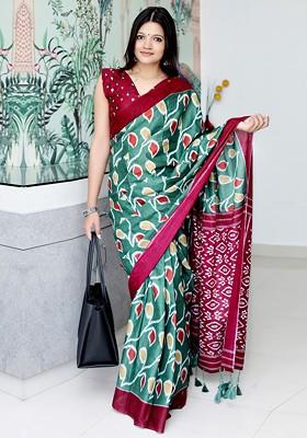 Sea Green Embroidered Blended Saree Set