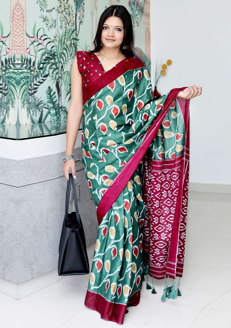 Sea Green Embroidered Blended Saree Set for Diwali and Festive Wear - Indya