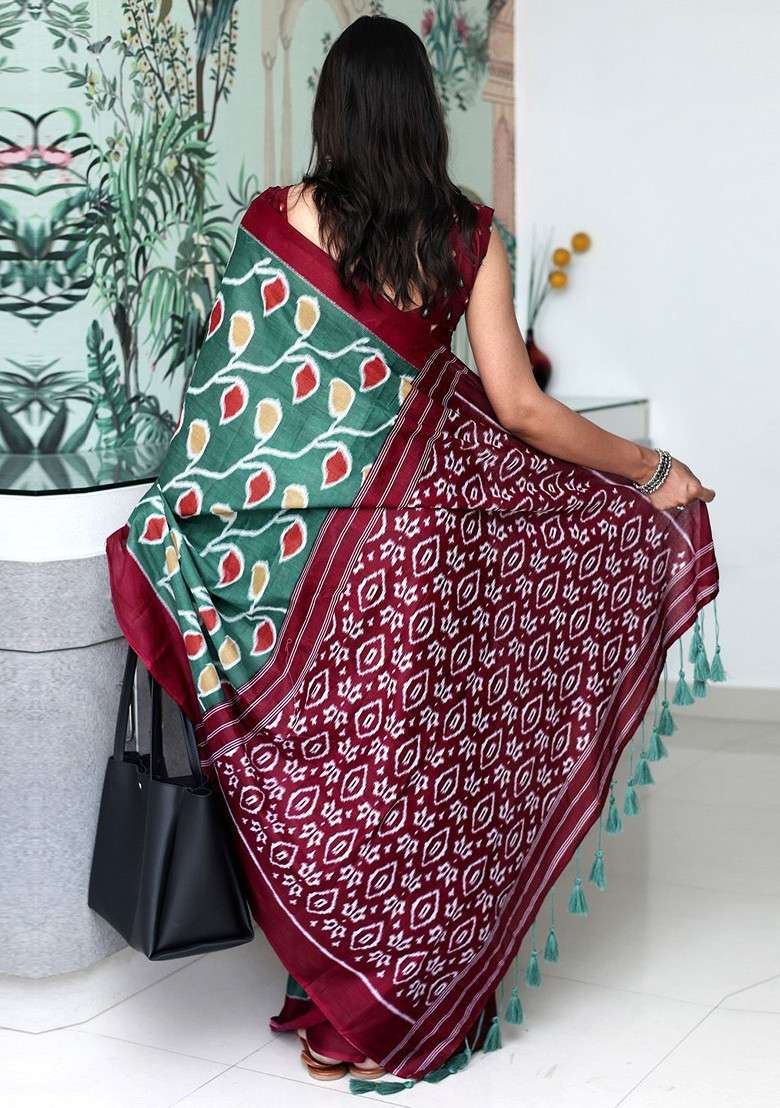Sea Green Embroidered Blended Saree Set for Diwali and Festive Wear - Indya