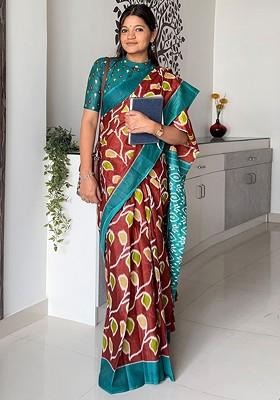 Brown Embroidered Blended Saree Set
