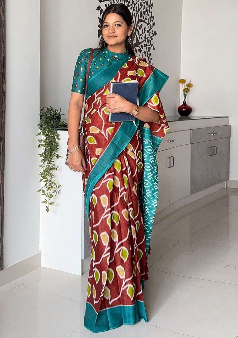 Brown Embroidered Blended Saree Set for Diwali and Festive Wear - Indya