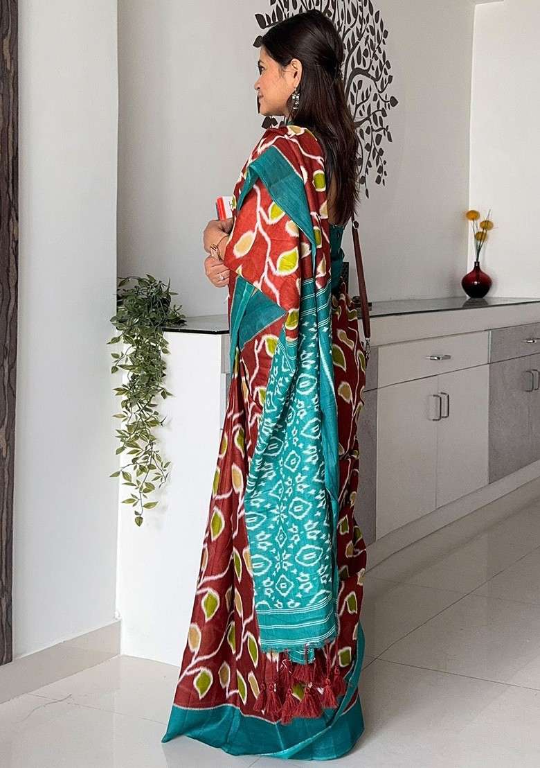 Brown Embroidered Blended Saree Set for Diwali and Festive Wear - Indya