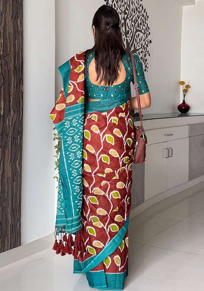 Brown Embroidered Blended Saree Set for Diwali and Festive Wear - Indya