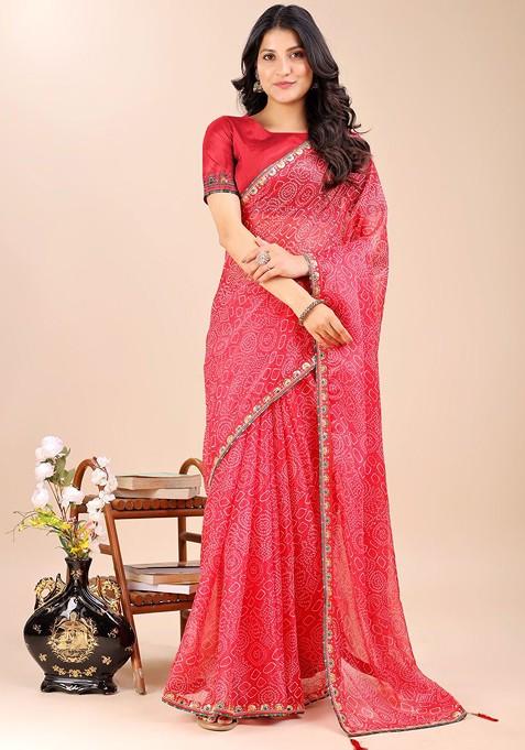 Red Printed Blended Saree Set — view on Indya