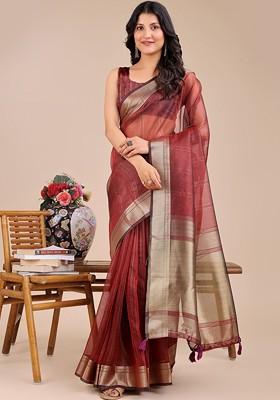 Maroon Embroidered Blended Saree Set