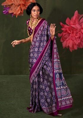 Navy Blue Printed Blended Saree Set
