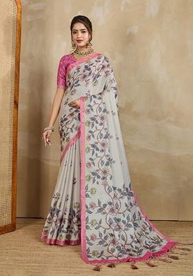 Off White Printed Blended Saree Set