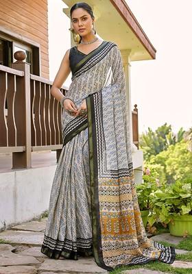 Off White Embroidered Blended Saree Set