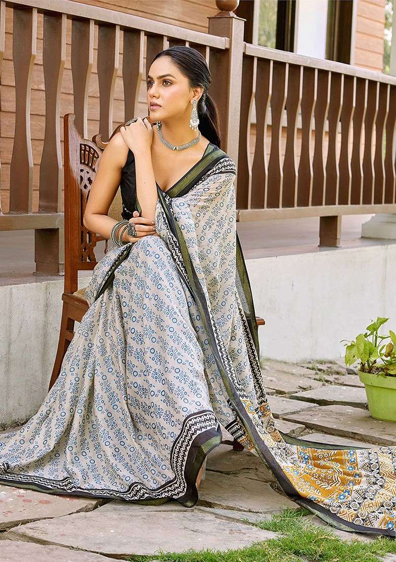 Off White Embroidered Blended Saree Set - Indya