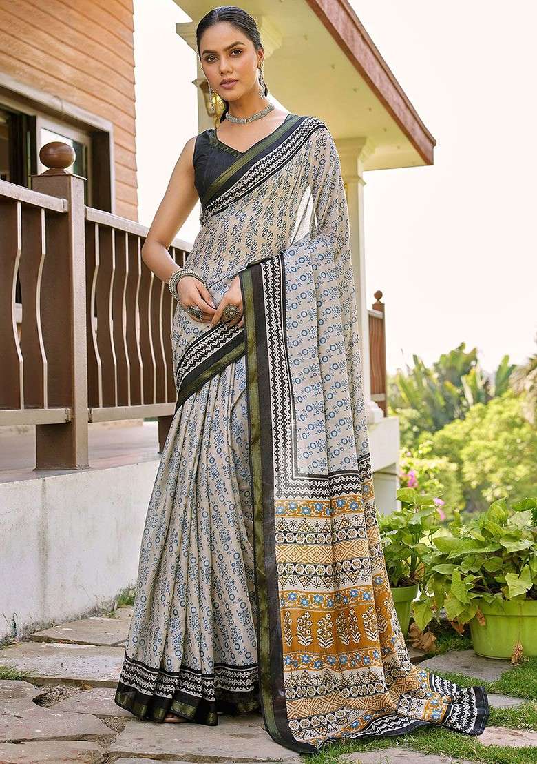 Off White Embroidered Blended Saree Set - Indya