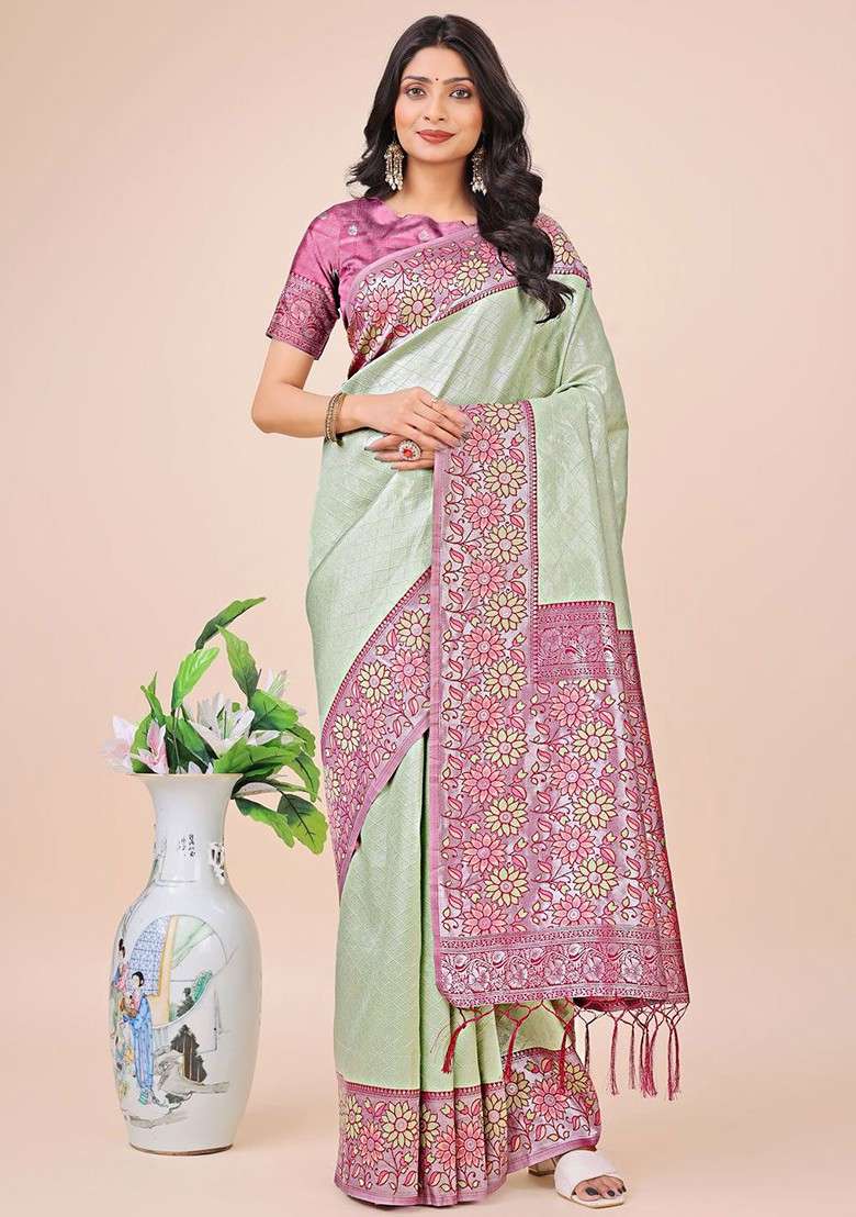 Olive Embroidered Blended Saree Set for Diwali and Festive Wear - Indya