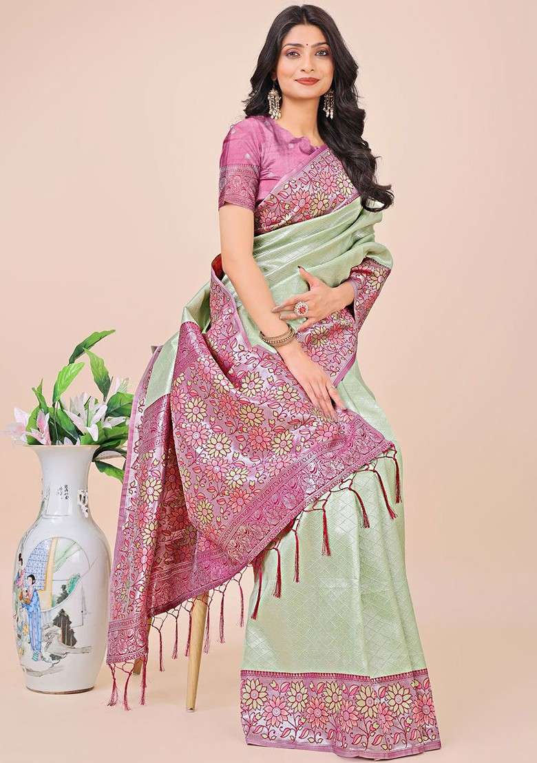 Olive Embroidered Blended Saree Set for Diwali and Festive Wear - Indya