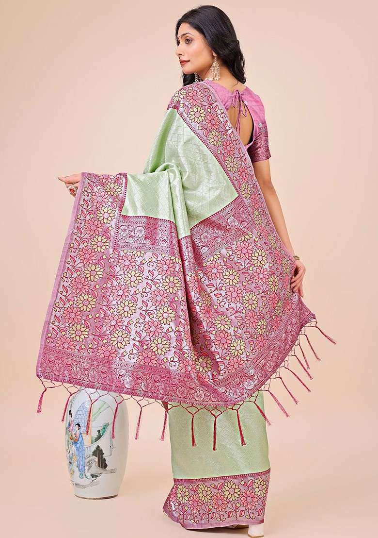 Olive Embroidered Blended Saree Set for Diwali and Festive Wear - Indya