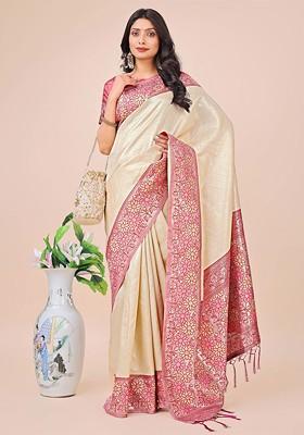 Cream Embroidered Blended Saree Set