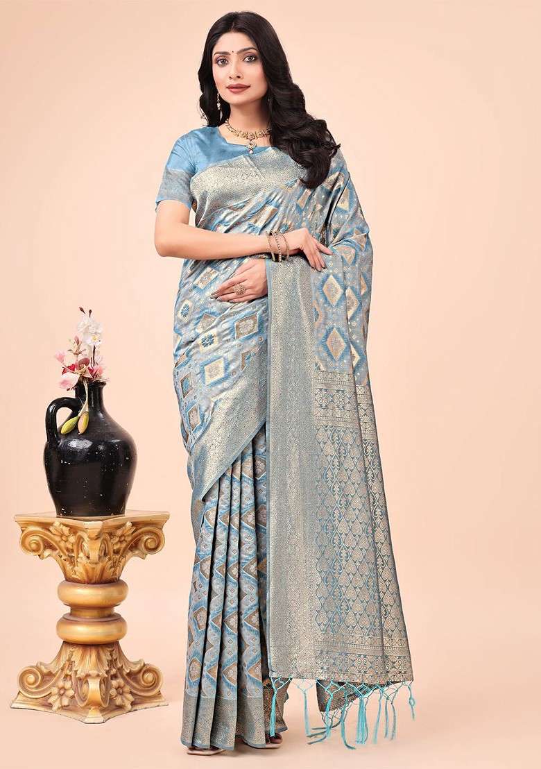 Turquoise Blue Embroidered Blended Saree Set for Diwali and Festive Wear - Indya