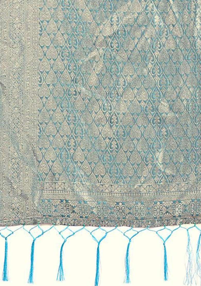 Turquoise Blue Embroidered Blended Saree Set for Diwali and Festive Wear - Indya