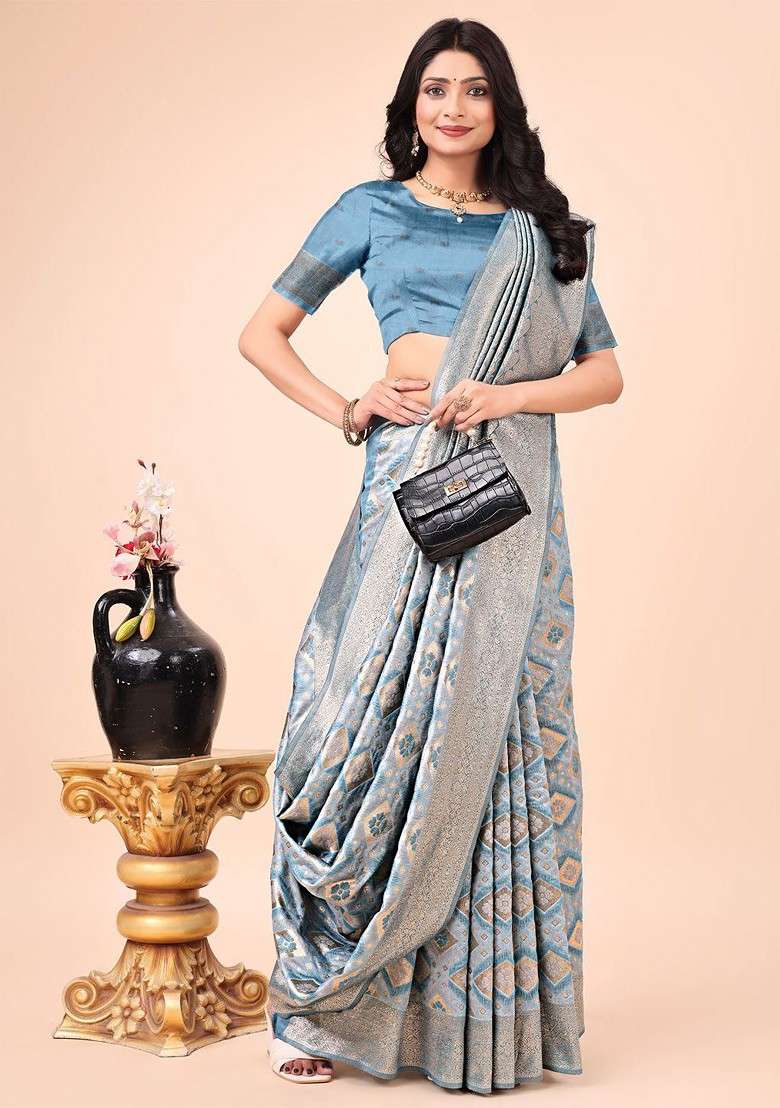 Turquoise Blue Embroidered Blended Saree Set for Diwali and Festive Wear - Indya