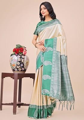 Cream Embroidered Blended Saree Set