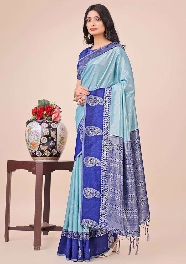 Teal Embroidered Blended Saree Set for Diwali and Festive Wear - Indya