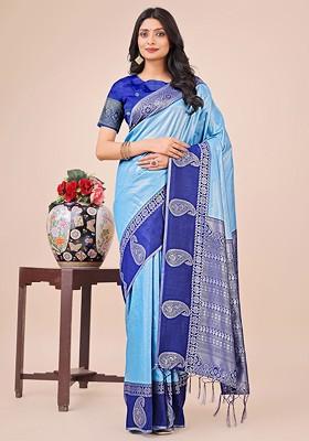 Turquoise Blue Embroidered Blended Saree Set