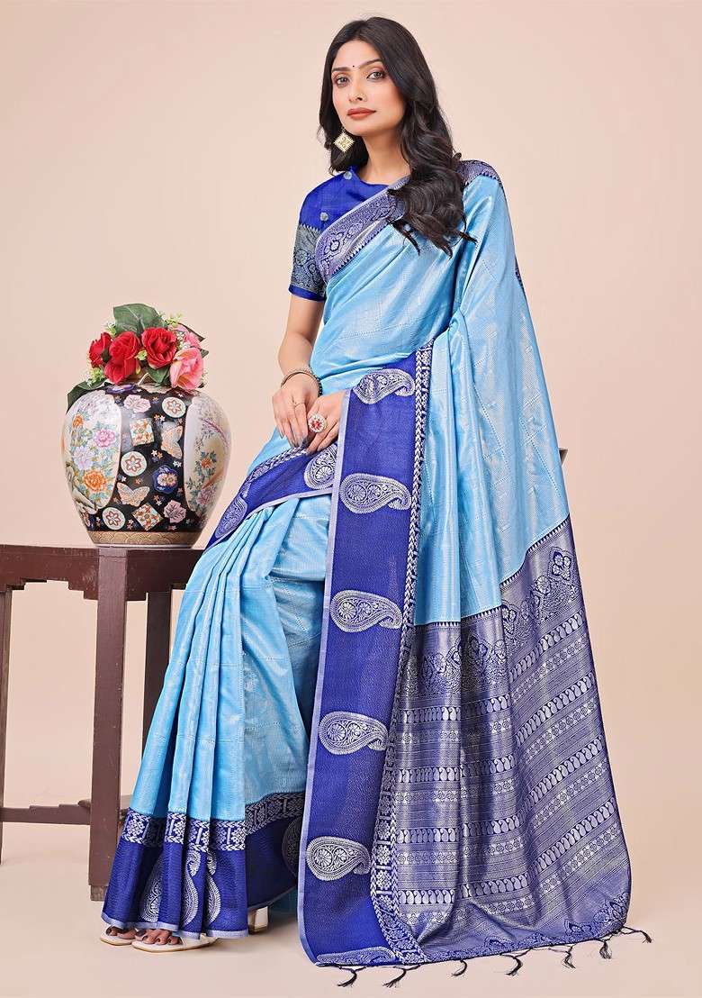 Turquoise Blue Embroidered Blended Saree Set for Diwali and Festive Wear - Indya