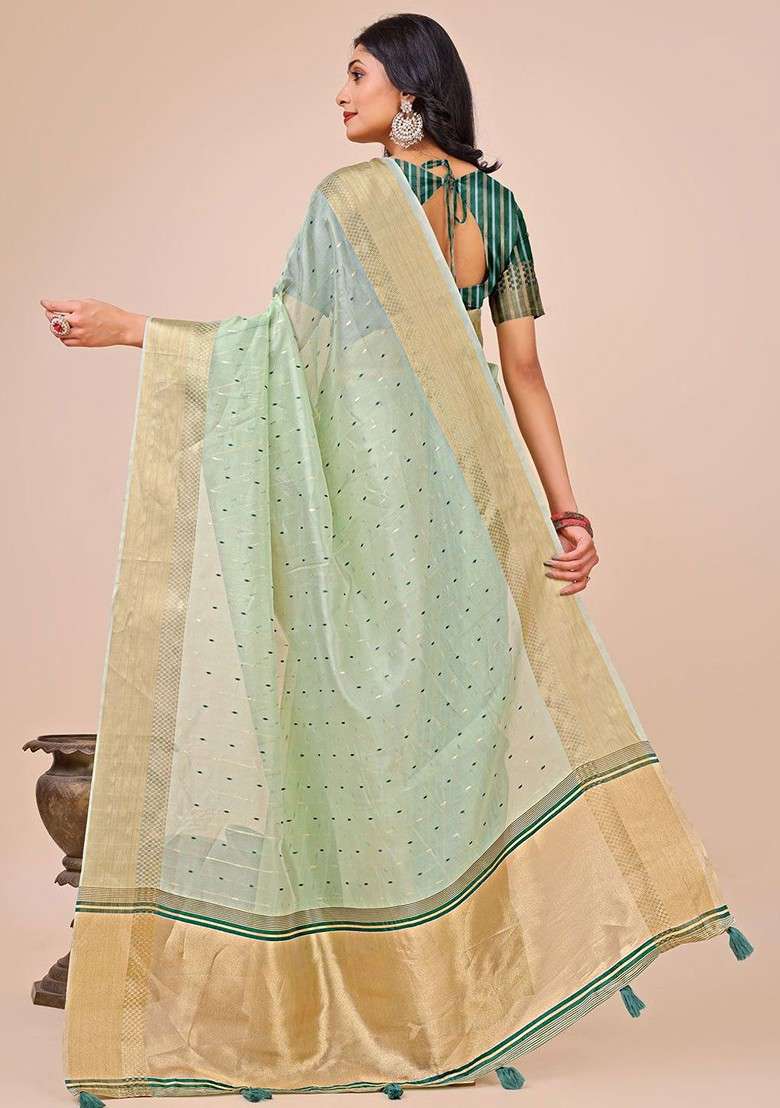 Olive Embroidered Blended Saree Set for Diwali and Festive Wear - Indya