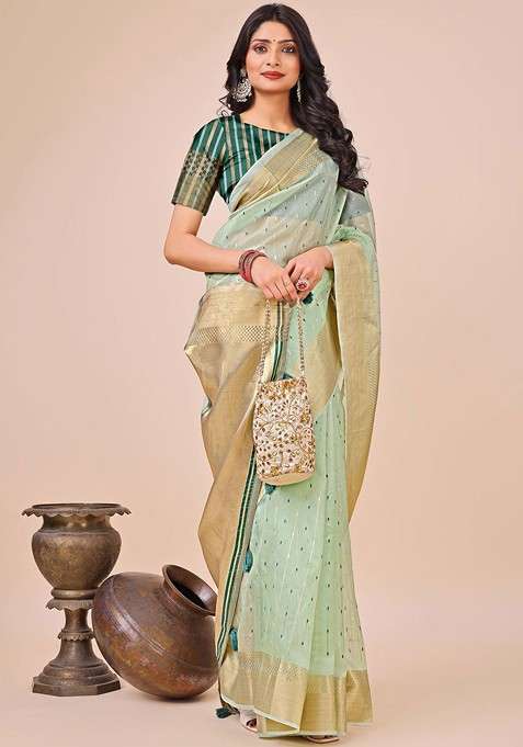 Olive Embroidered Blended Saree Set for Diwali and Festive Wear