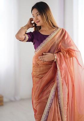 Brown Embroidered Blended Saree Set