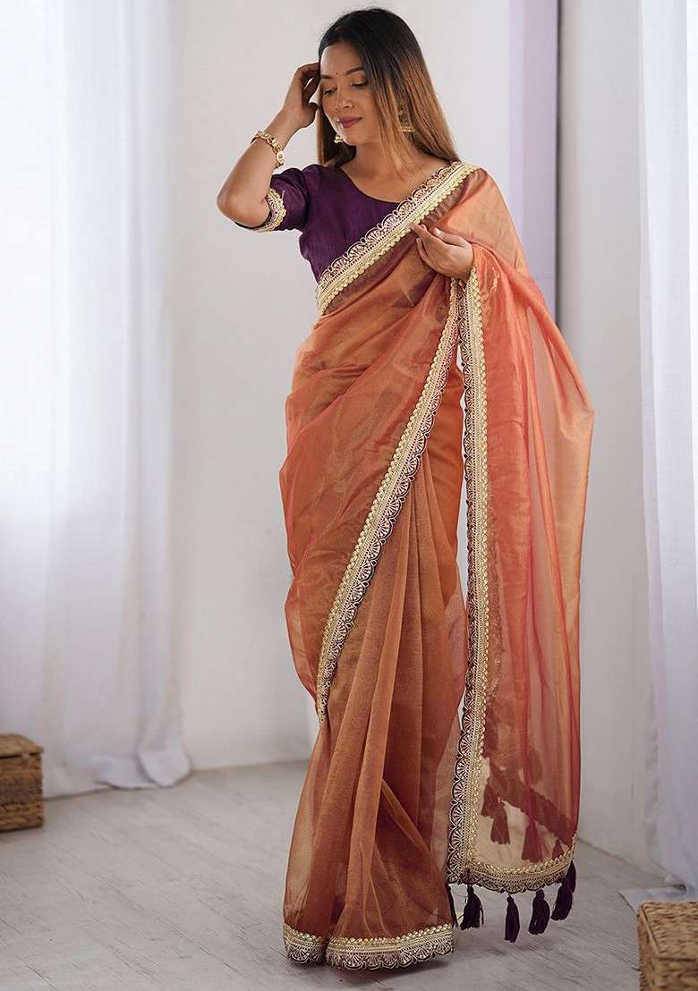 Brown Embroidered Blended Saree Set for Diwali and Festive Wear - Indya