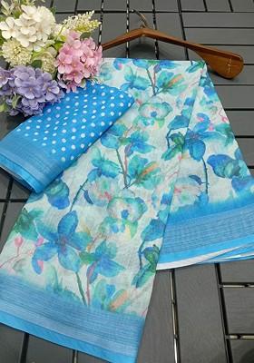 Turquoise Blue Printed Blended Saree Set
