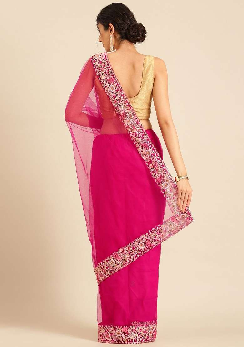 Pink Embellished Blended Saree Set with Sequin for Diwali | Wedding & Festive Wear - Indya