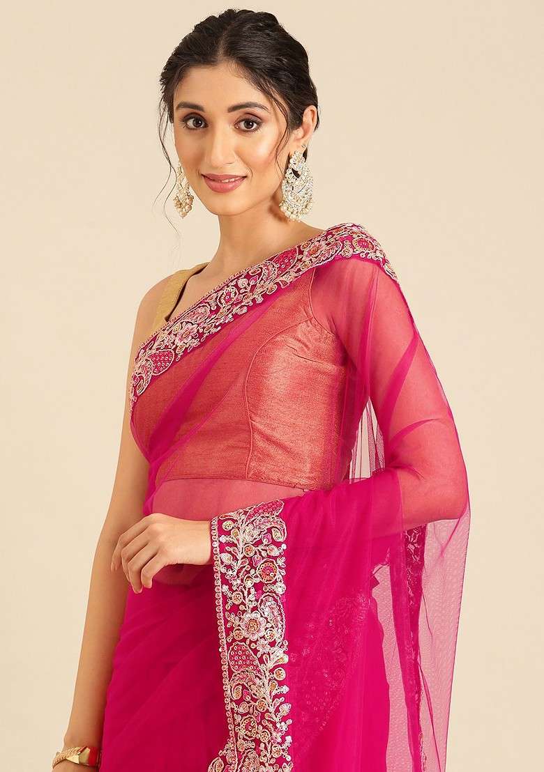Pink Embellished Blended Saree Set with Sequin for Diwali | Wedding & Festive Wear - Indya