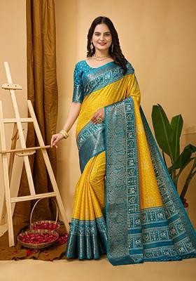 Yellow Jacquard Blended Saree Set