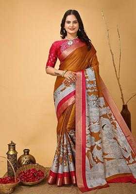 Orange Jacquard Blended Saree Set