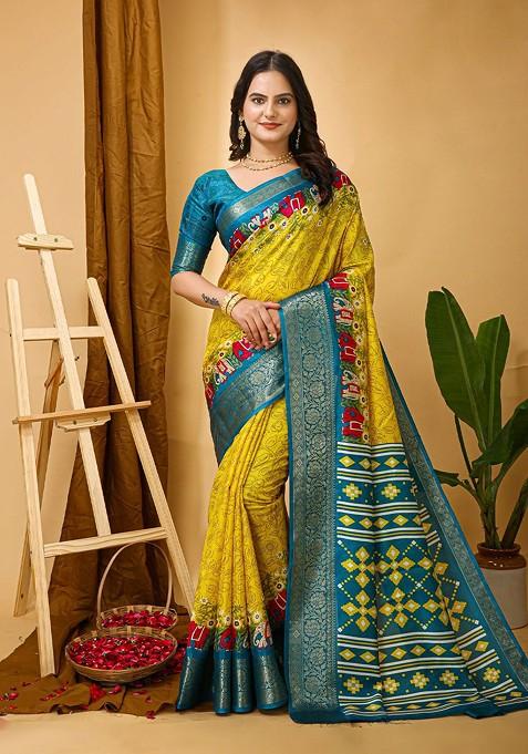 Yellow Jacquard Blended Saree Set