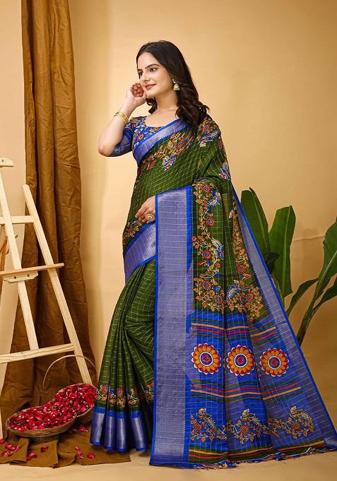 Green Jacquard Blended Saree Set