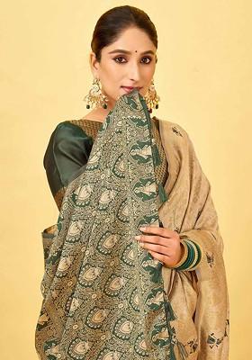 Beige Embroidered Blended Saree Set