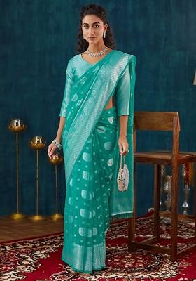 Turquoise Blue Embroidered Blended Saree Set