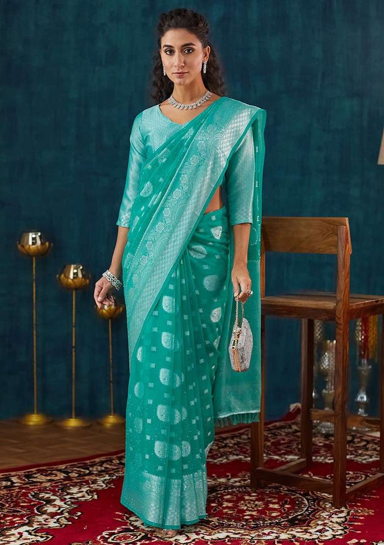 Turquoise Blue Embroidered Blended Saree Set - Indya